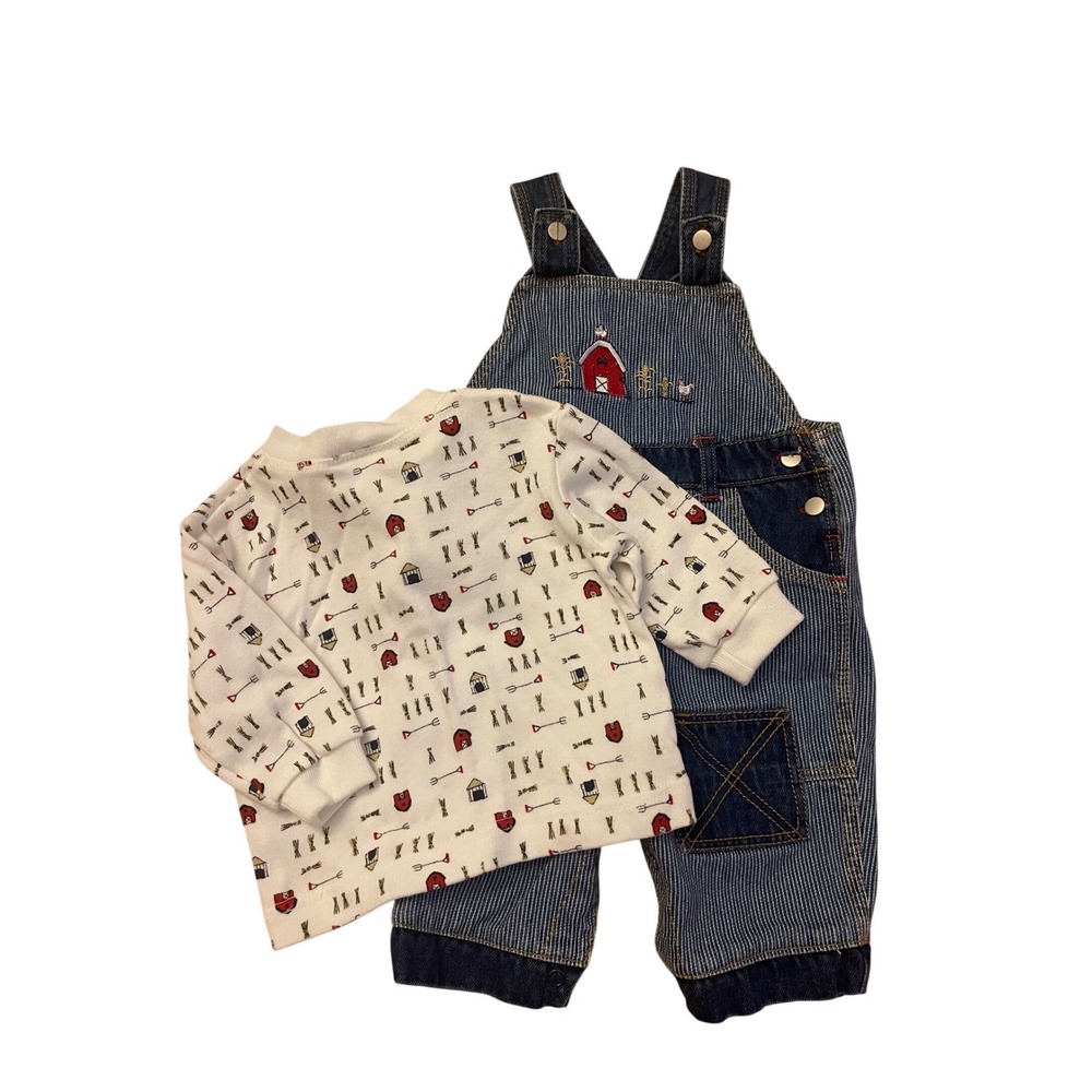 B.T. Kids VTG  Boys 3-6 Months Farm Barn Hickory Stripe Denim Overalls 2pc Set